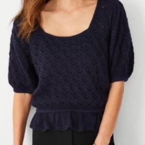 Ann Taylor Blue Pointelle Square Neck Ruffle Puff Short Sleeve Sweater LARGE NWT
